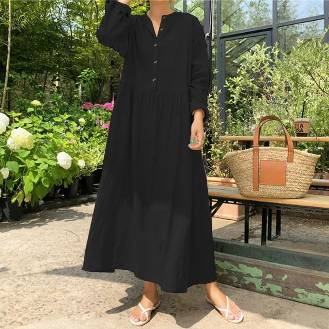 2021 Autumn ZANZEA Women Casual Solid Long Shirt Dress Pockets Long Maxi Vestidos Office Lady Work Cotton Dress Party Robe Femme
