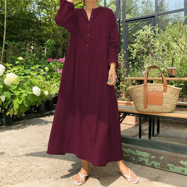 2021 Autumn ZANZEA Women Casual Solid Long Shirt Dress Pockets Long Maxi Vestidos Office Lady Work Cotton Dress Party Robe Femme