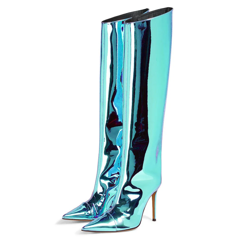 2022 New Fashion Metallic Shoes Women Mirror Leather Pointed Toe Stiletto High Heels Long Boot Knee High Boots