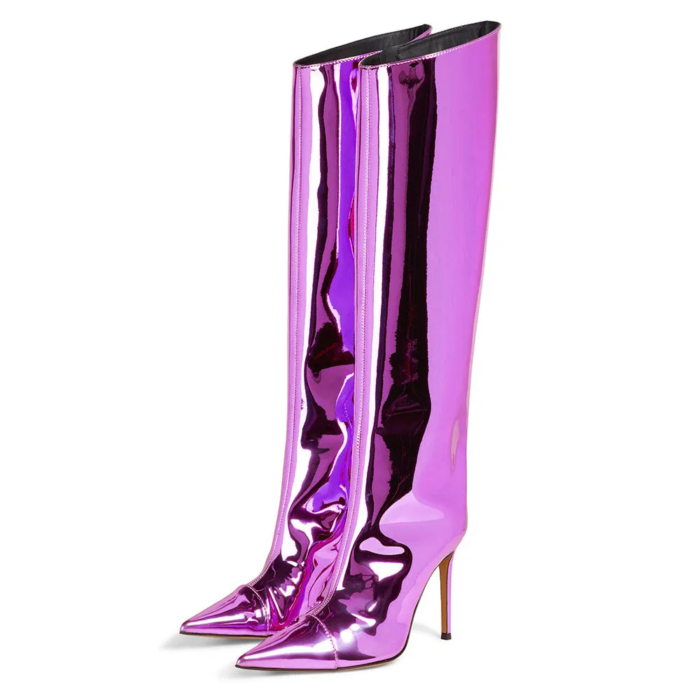 2022 New Fashion Metallic Shoes Women Mirror Leather Pointed Toe Stiletto High Heels Long Boot Knee High Boots