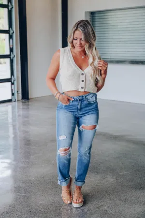 Button Up Crop Sweater Vest - Taupe