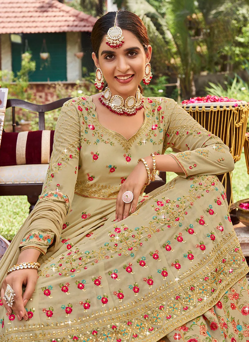 Golden Beige Traditional Embroidery Lehenga Kurti