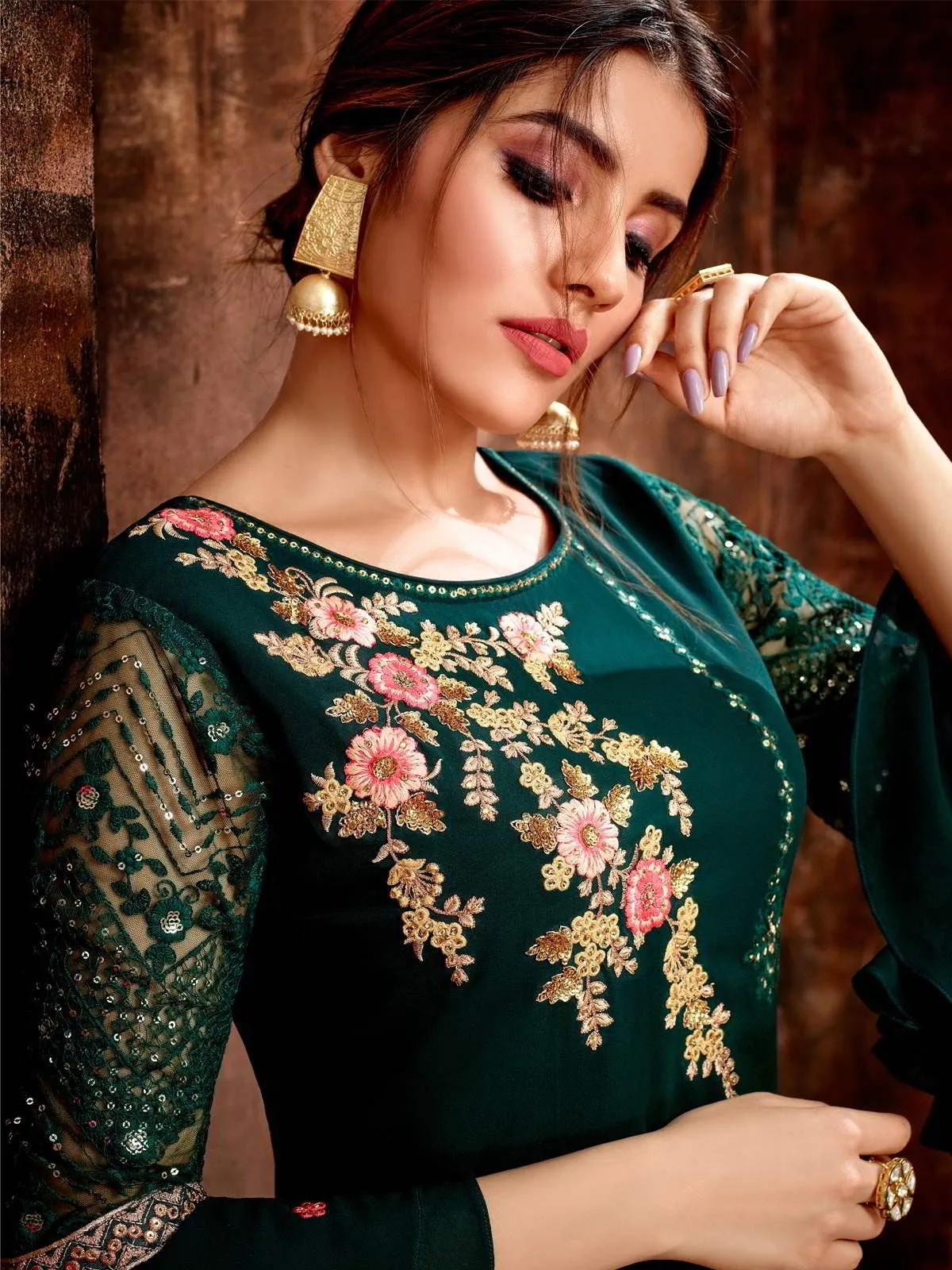 Green And Pink Traditional Embroidered Pakistani Pant Suit