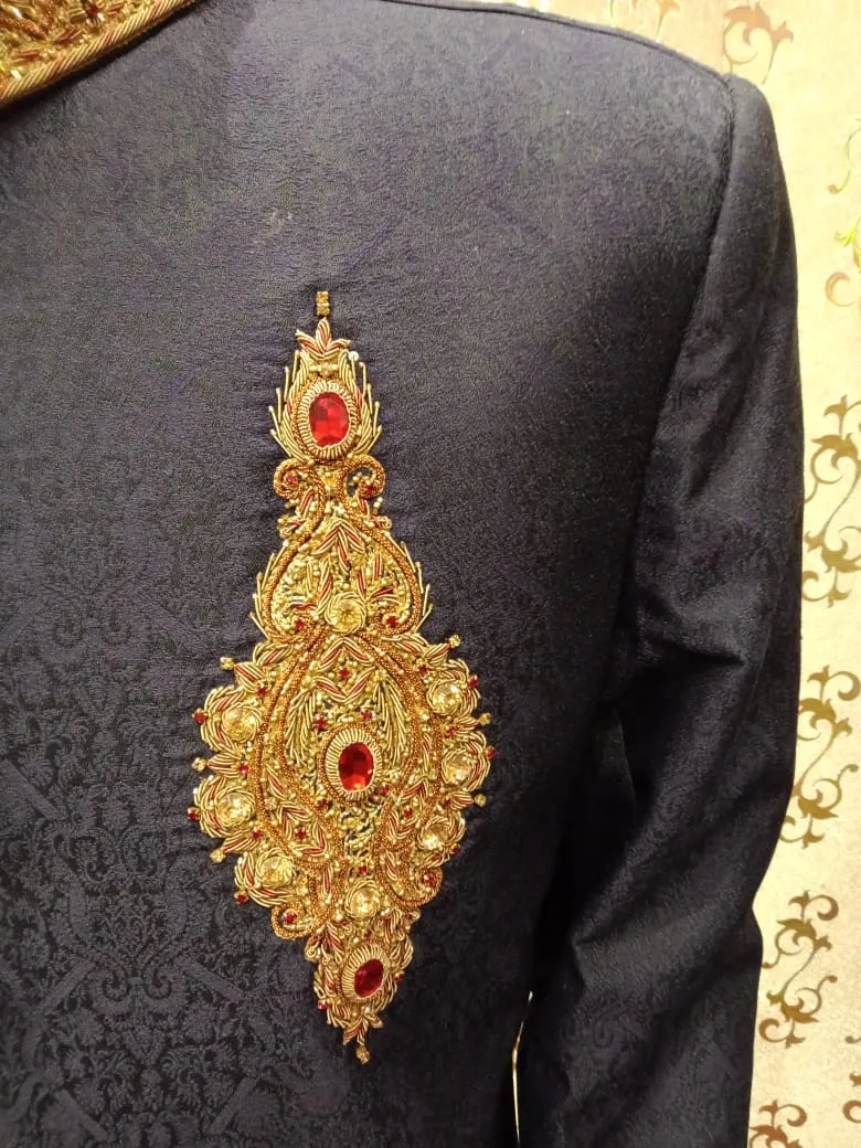 Latest Sherwani In Blue Jamawar Cloth Model# Men 1738
