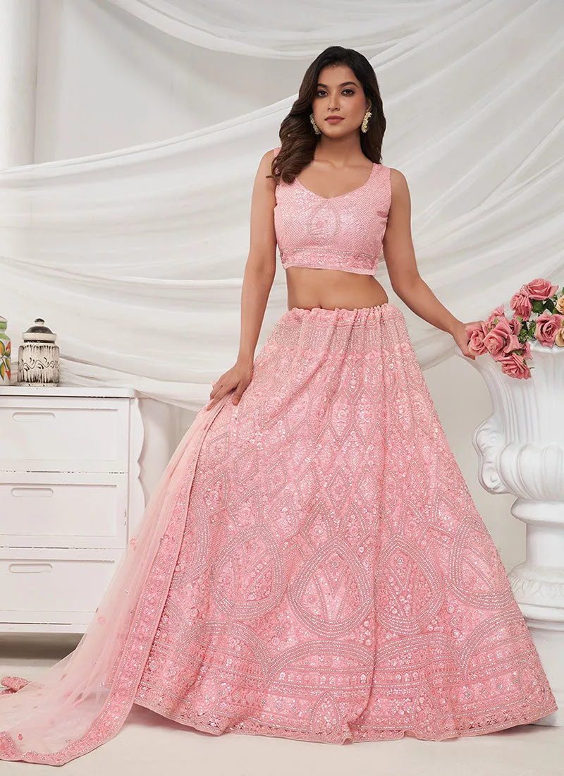 Light Pink Sequence Embroidery Wedding Style Lehenga