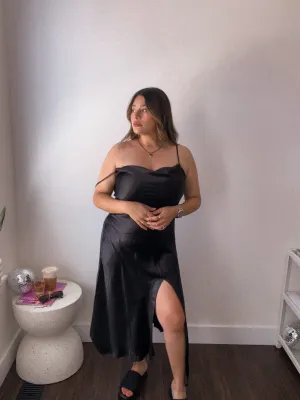 Little Black Satin Slip On Dress