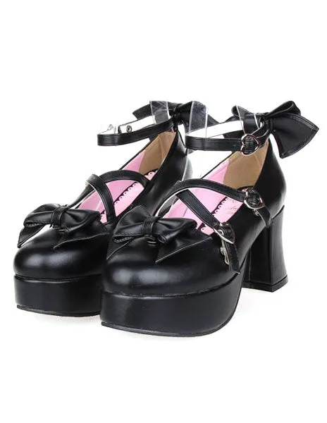 Matte Black Lolita Heels Shoes Platform Shoes Ankle Strap  Buckles Bows