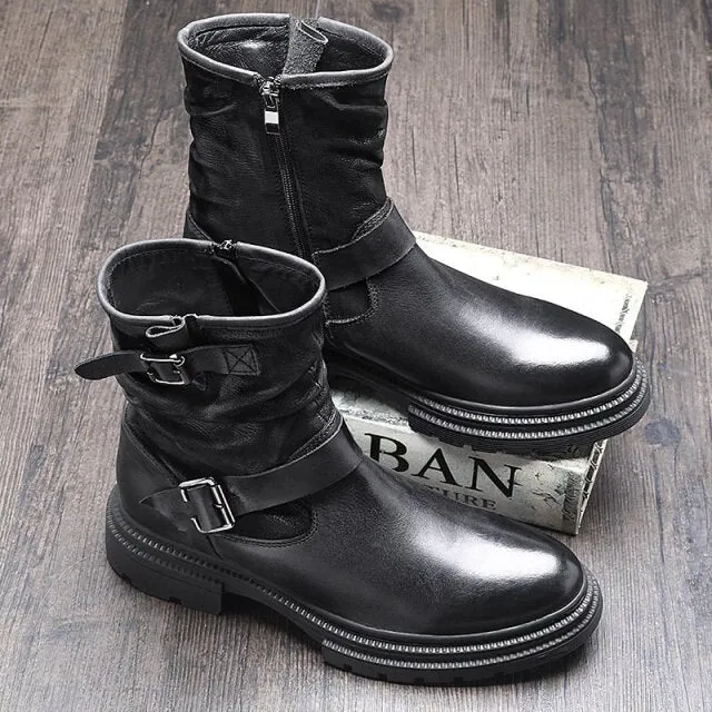 Men Full Grain Leather Pure Black Motorcycle Boots Winter