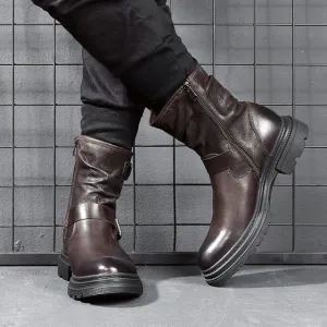 Men Full Grain Leather Pure Black Motorcycle Boots Winter