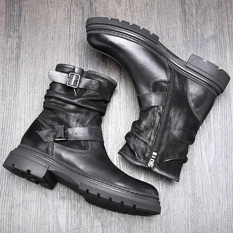 Men Full Grain Leather Pure Black Motorcycle Boots Winter