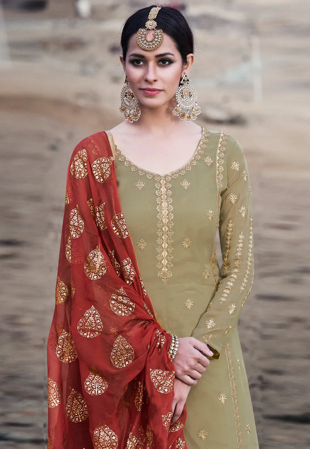 Olive Green And Red Embroidered Palazzo Suit