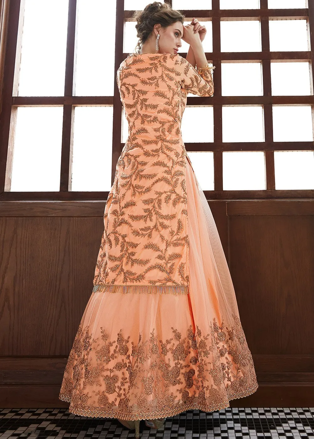 Orange Golden Zardoshi Embroidered Party Wear Lehenga Suit