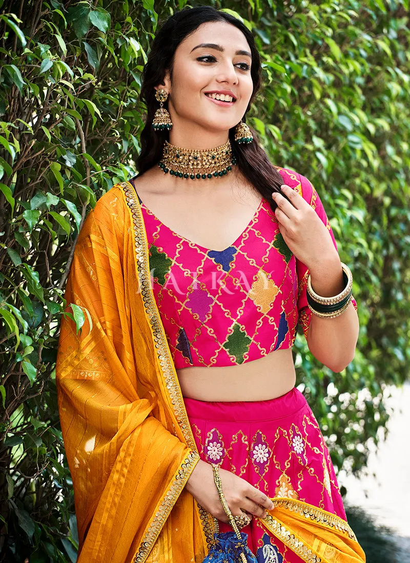 Pink And Orange Multi Embroidery Silk Lehenga Choli