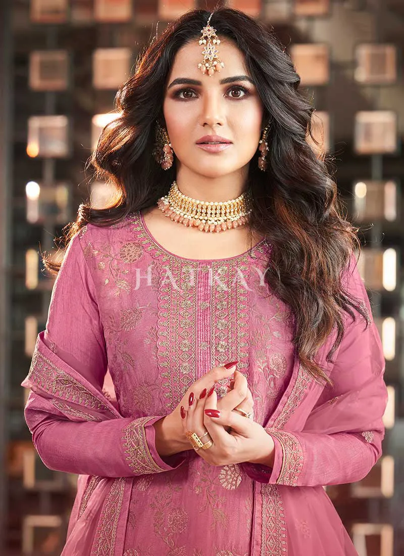 Pink Golden Embroidery Pant Style Suit