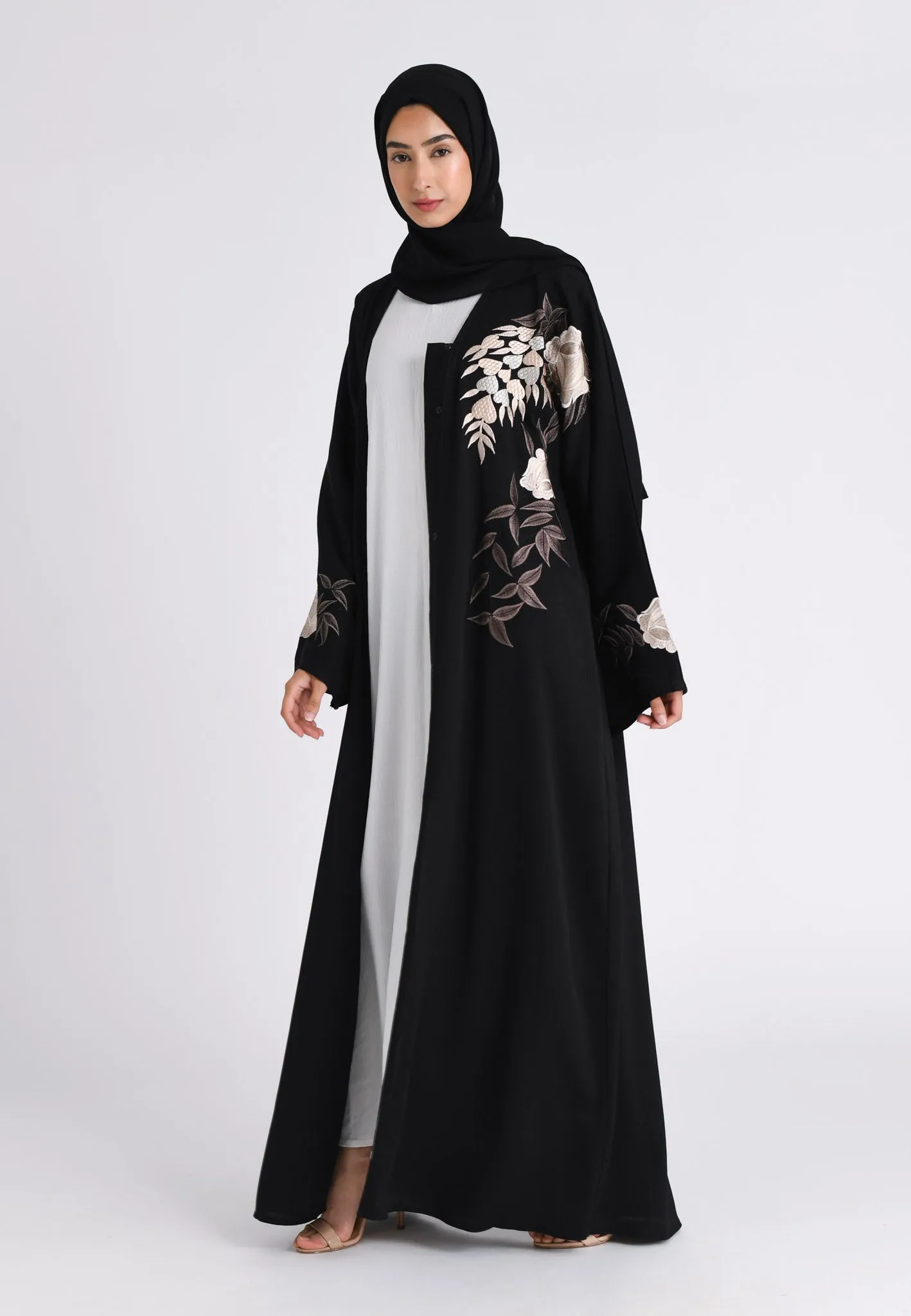 Regal Floral Embroidered Open Abaya (Premium)