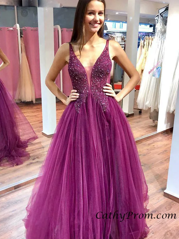 Sexy Deep V-Neck A Line Prom Dress Long Charming Appliques Beaded Prom/Evening Gowns PIN07123