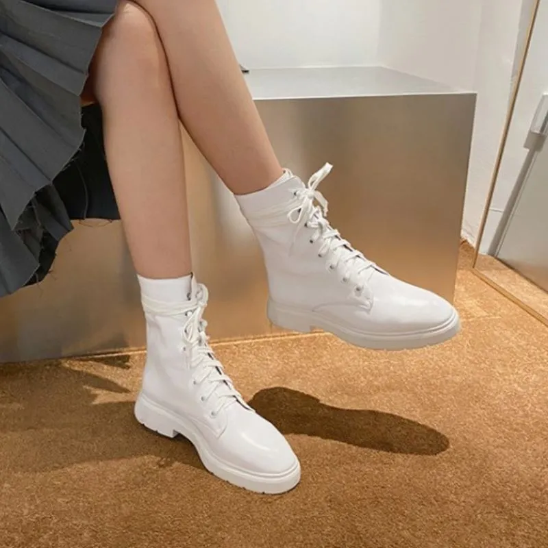Size 33-42 Ins New Ankle Boots Women Round Toe Thick Heel Lace Up Genuine Leather Shoes High Quality Cool Shoes Footwear