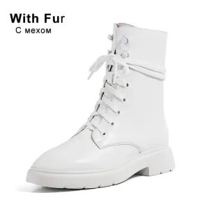 Size 33-42 Ins New Ankle Boots Women Round Toe Thick Heel Lace Up Genuine Leather Shoes High Quality Cool Shoes Footwear