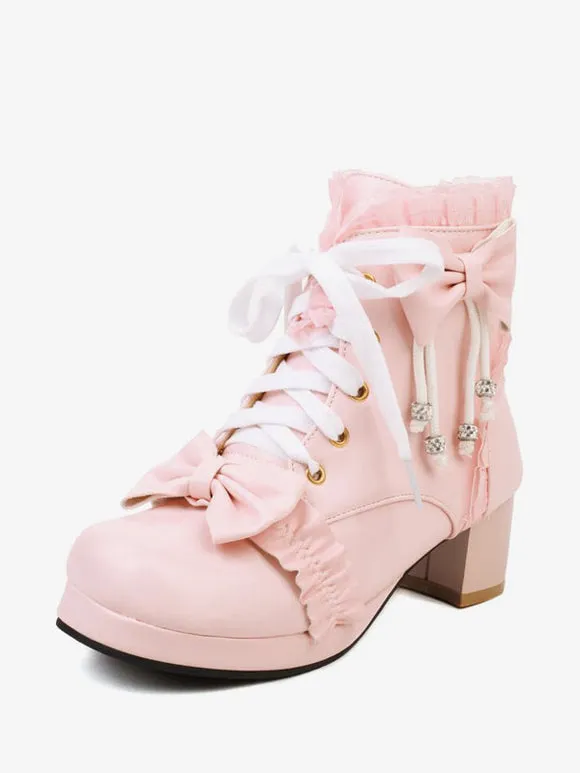 Sweet Lolita Boots White Bows Ruffles Round Toe PU Leather Lolita Footwear