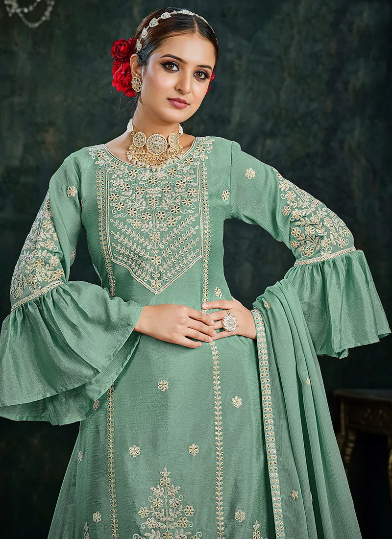 Teal Blue Sequence And Thread Embroidery Lehenga Kurti