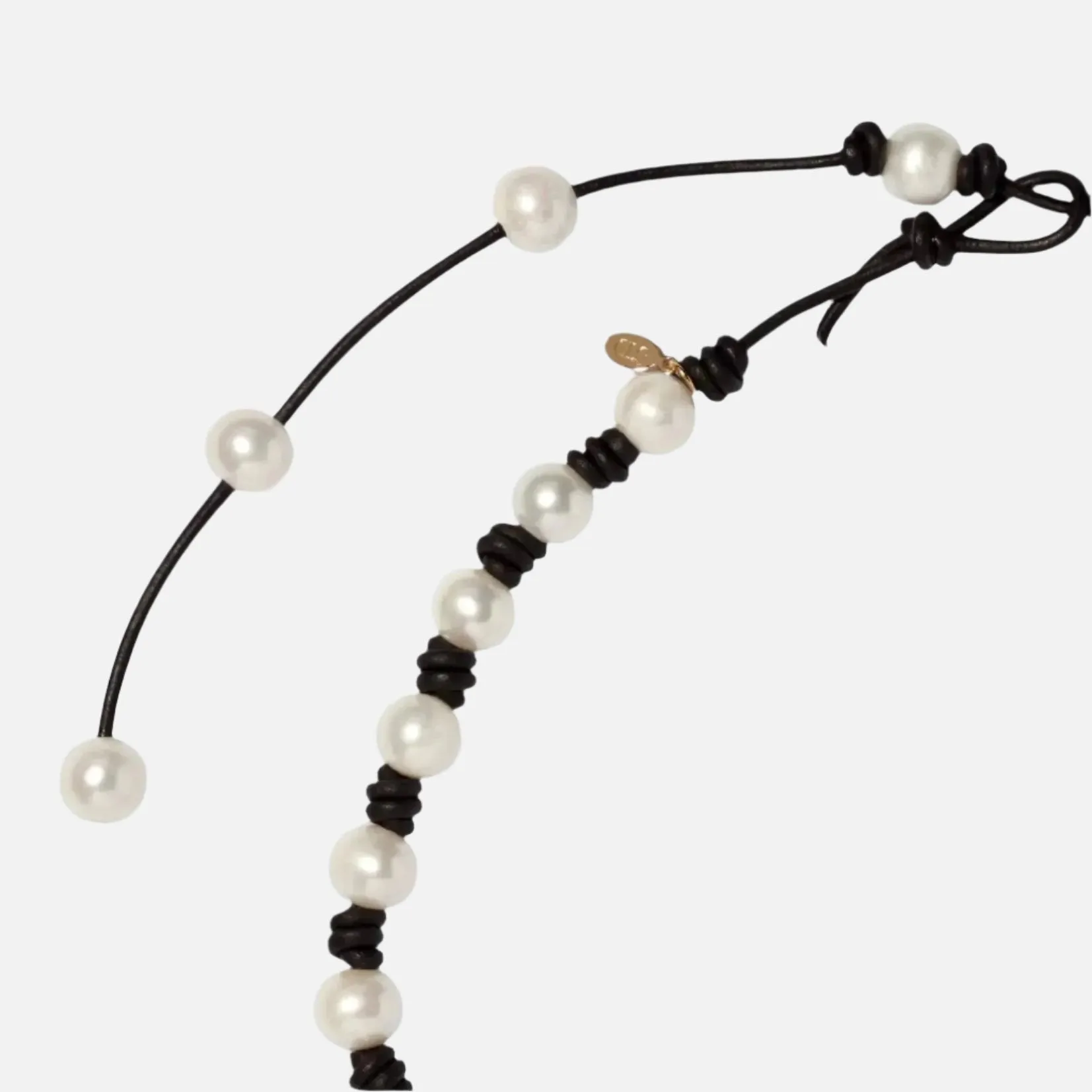 The Classic Knotted Pearl and Leather Necklace with Tail