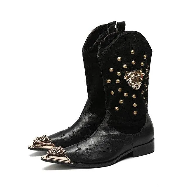Western Cowboy Men's Boots Mid-Calf Leather Boots for Men Rock Metal Pointed Toe Black Motocycle Short Boots Male Botas