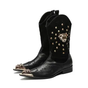 Western Cowboy Men's Boots Mid-Calf Leather Boots for Men Rock Metal Pointed Toe Black Motocycle Short Boots Male Botas