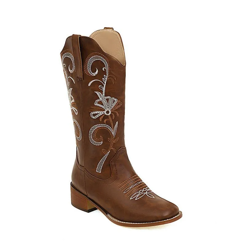 Women's Embroidered Chunky Heel Platform Boots